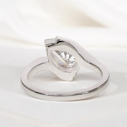 1.00CT Pear Cut Lab Grown Diamond Half Bezel Engagement Ring