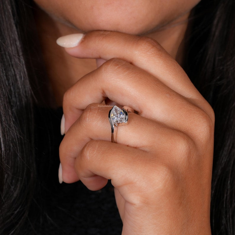 1.00CT Pear Cut Lab Grown Diamond Half Bezel Engagement Ring