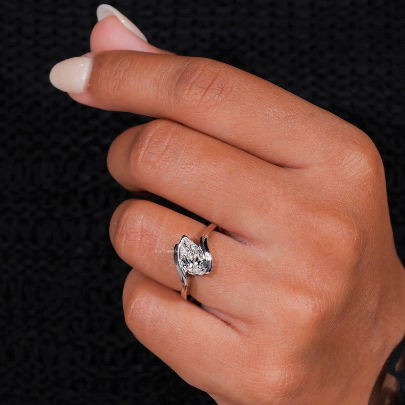 1.00CT Pear Cut Lab Grown Diamond Half Bezel Engagement Ring