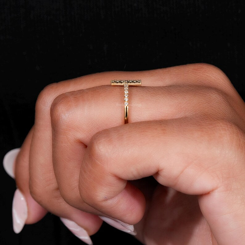 Round Lab Diamond Sideways Cross Ring for Women