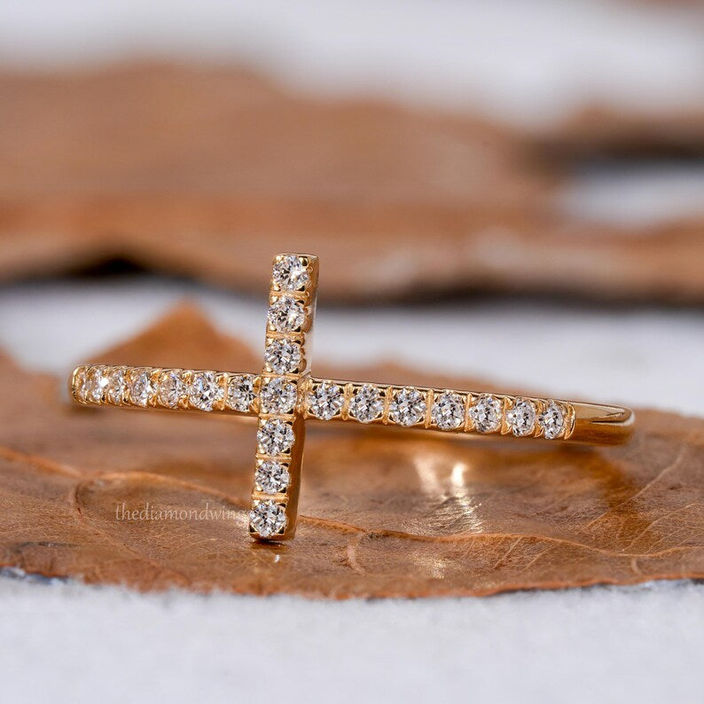 Round Lab Diamond Sideways Cross Ring for Women