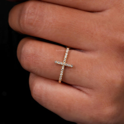 Round Lab Diamond Sideways Cross Ring for Women