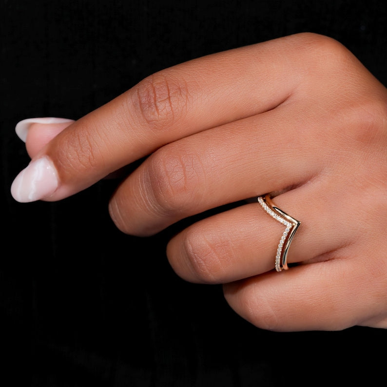 Lab Diamond Double Chevron Band – 14K Gold V Shape Ring