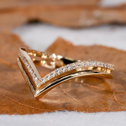 Lab Diamond Double Chevron Band – 14K Gold V Shape Ring