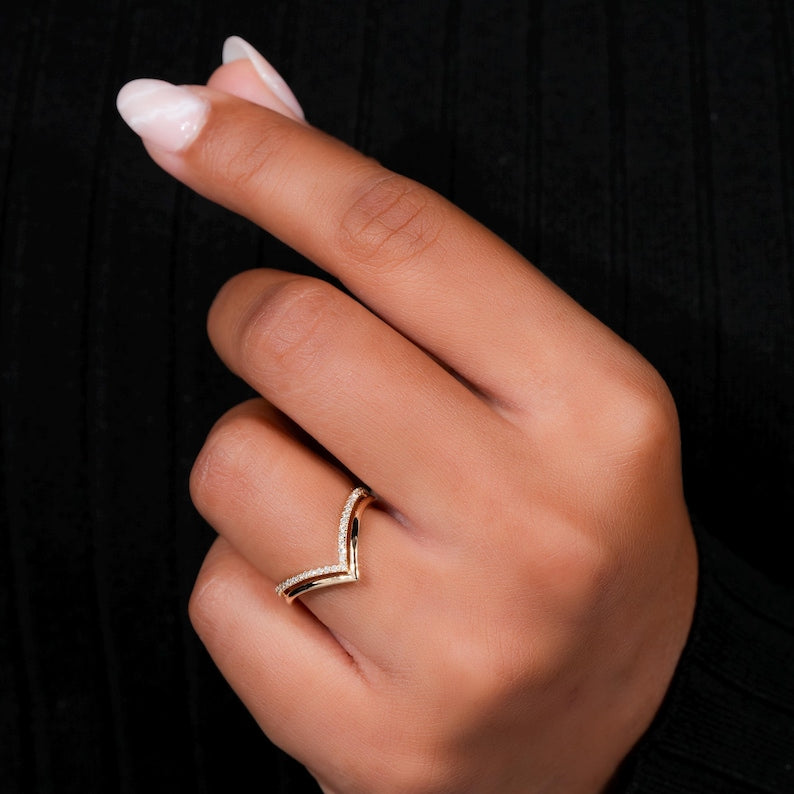 Lab Diamond Double Chevron Band – 14K Gold V Shape Ring