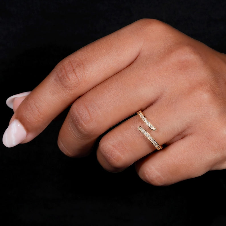 Lab Diamond Bypass Wrap Ring – 14K Gold Minimal Stackable Ring