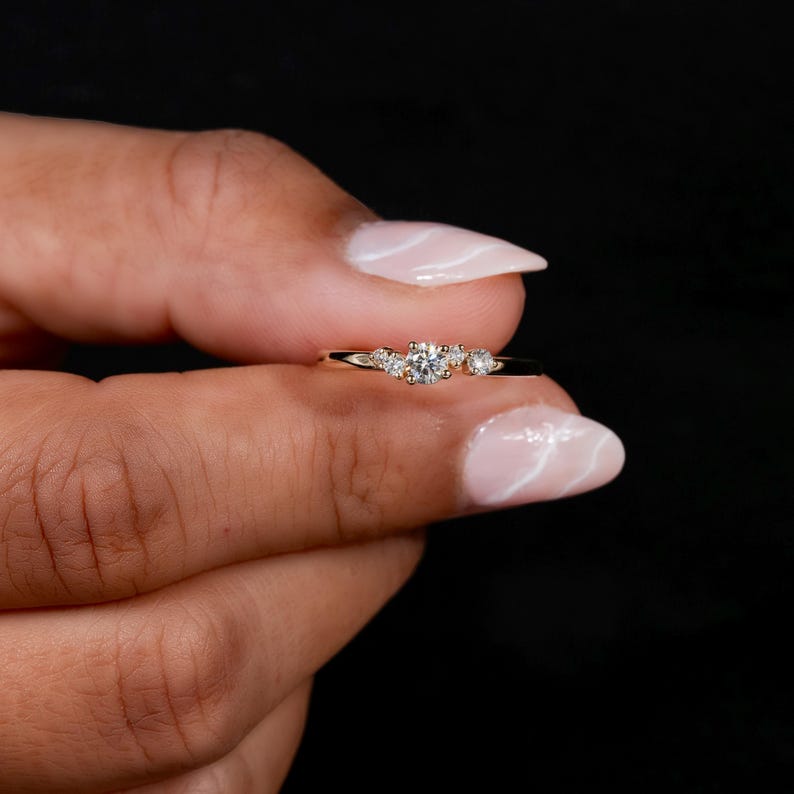 Lab Diamond Engagement Ring 14K Gold Dainty Cluster Ring for Women