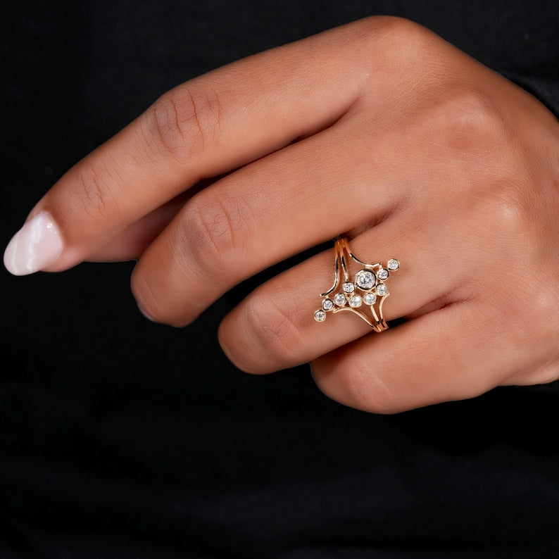 Round Diamond Bezel Set Designer Bubble Ring In 18k Gol
