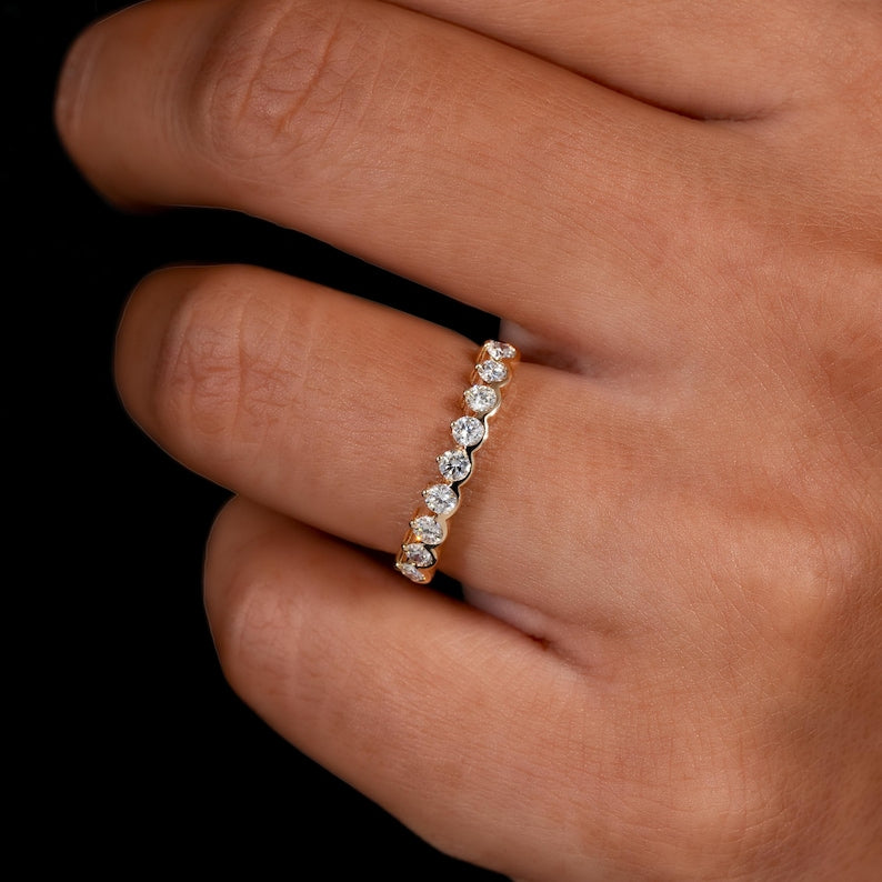 14K Gold Round Lab Grown Diamond Half Eternity Wedding Band