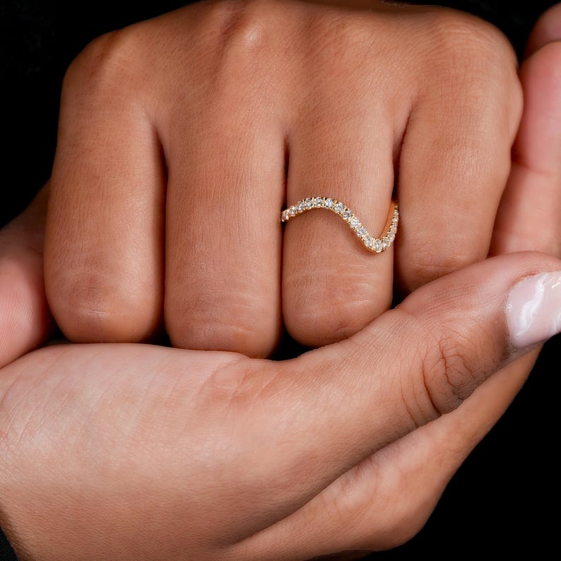 14K Yellow Gold Minimalist Wave Diamond Ring – Stackable Anniversary Ring