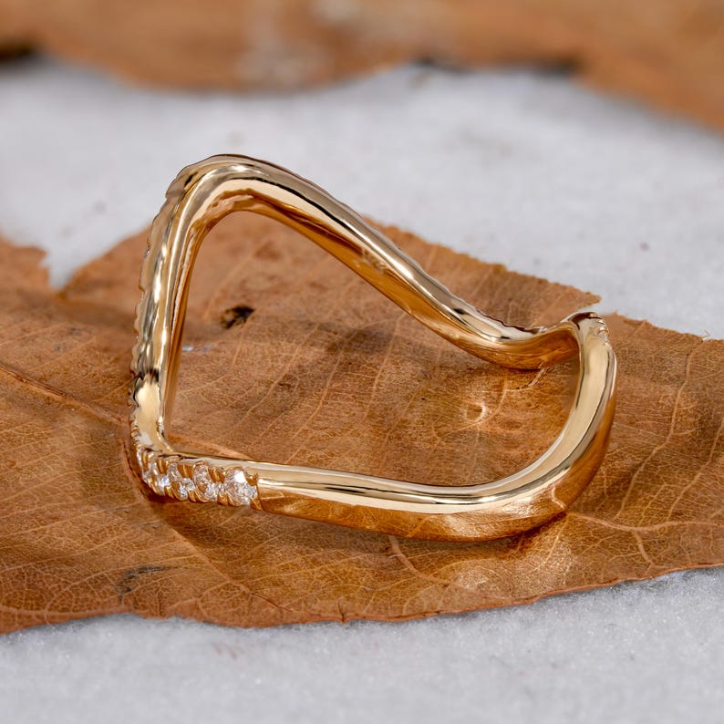 14K Yellow Gold Minimalist Wave Diamond Ring – Stackable Anniversary Ring