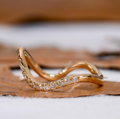 14K Yellow Gold Minimalist Wave Diamond Ring – Stackable Anniversary Ring