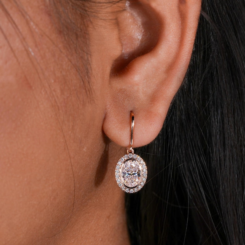 1 CT Oval Cut Lab Diamond Halo Drop Earrings for Her
