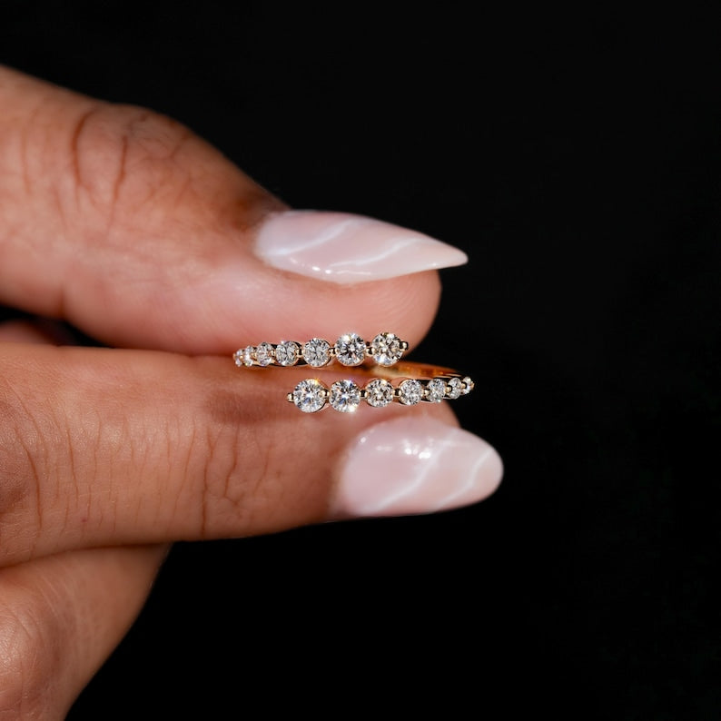 Open Cuff bypass Round Cut Lab Grown Diamond Wrap Ring,