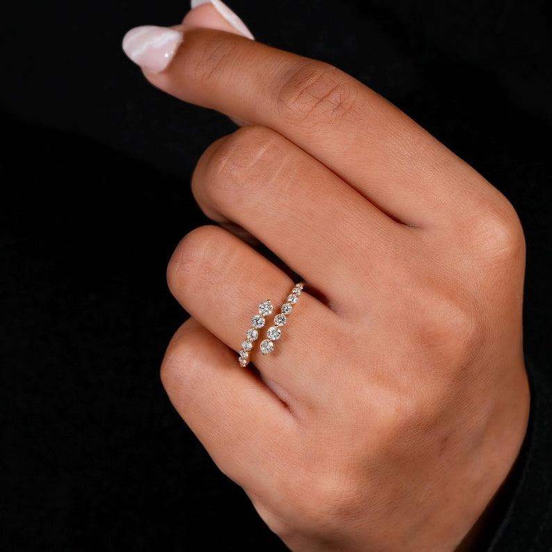 Open Cuff bypass Round Cut Lab Grown Diamond Wrap Ring,