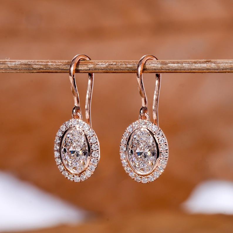 1 CT Oval Cut Lab Diamond Halo Drop Earrings for Her