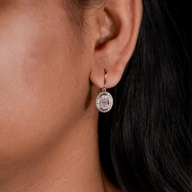 1 CT Oval Cut Lab Diamond Halo Drop Earrings for Her