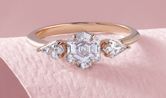 Hexagon Cut Three Stone Lab Diamond Engagement Ring
