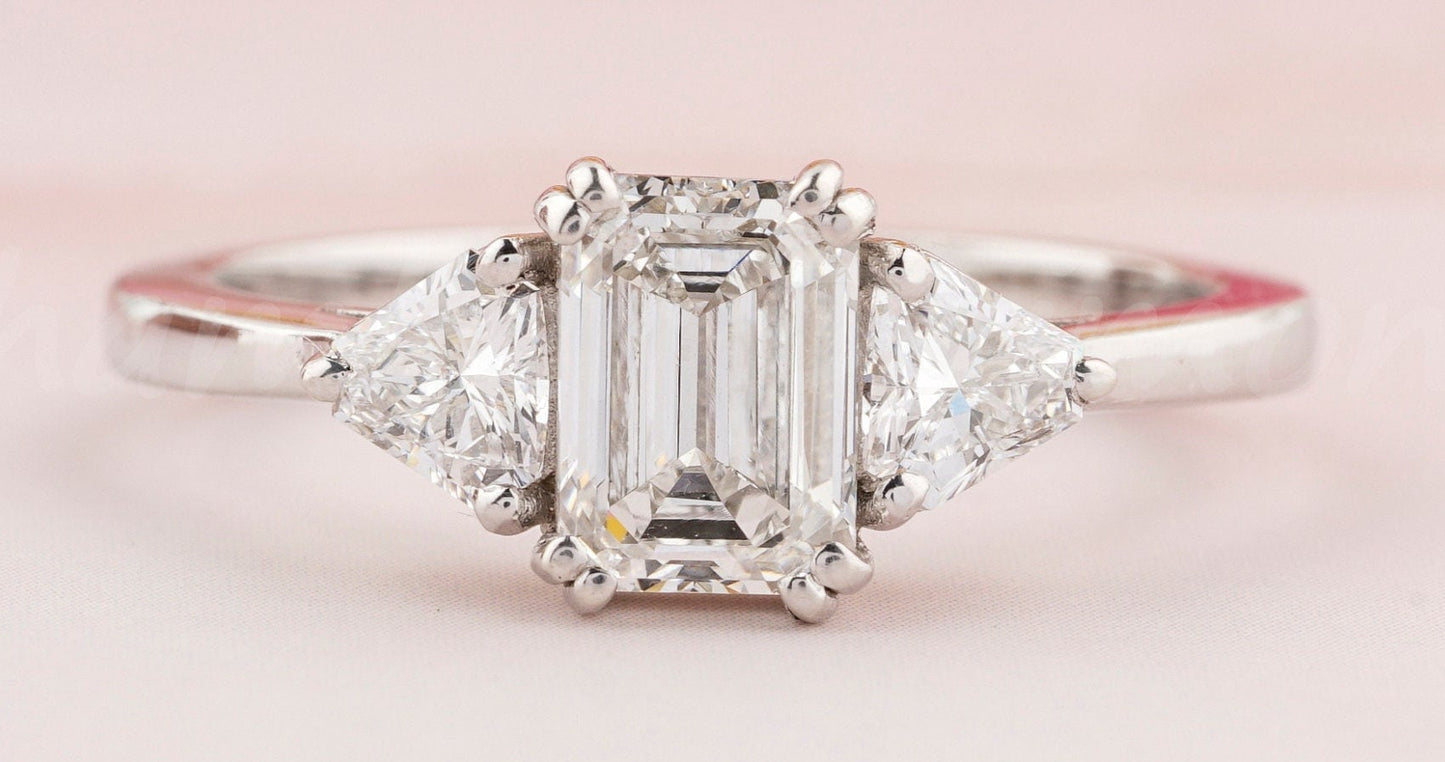 1CT Emerald Lab Diamond Ring, Three Stone Engagement Ring for Women