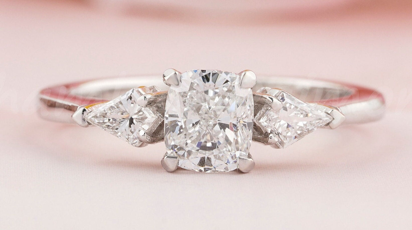 Cushion Lab Diamond Three Stone Ring Antique Style Engagement Ring