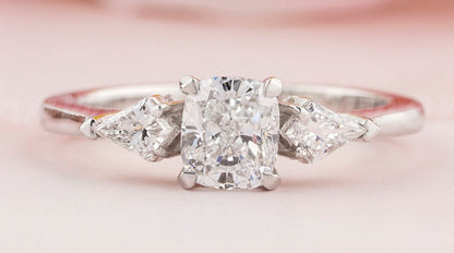 Cushion Lab Diamond Three Stone Ring Antique Style Engagement Ring