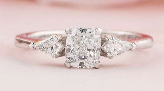 Cushion Lab Diamond Three Stone Ring Antique Style Engagement Ring