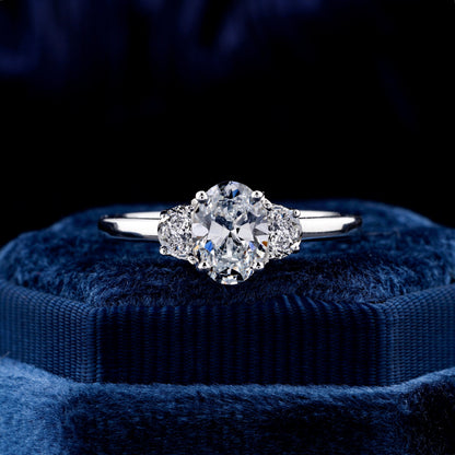 Oval Lab Diamond Three Stone Ring, Half Moon Engagement Ring