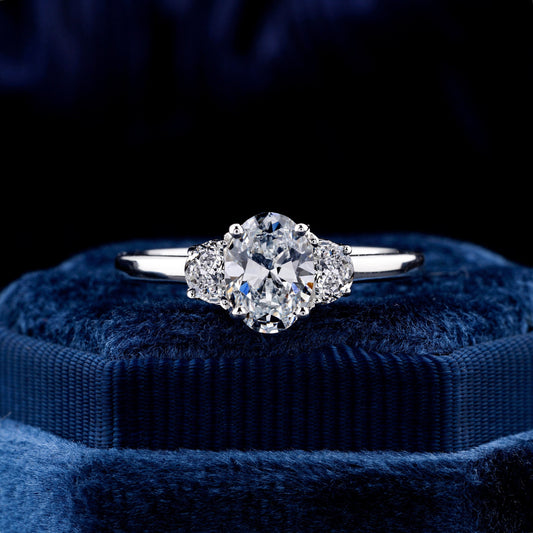 Oval Lab Diamond Three Stone Ring, Half Moon Engagement Ring
