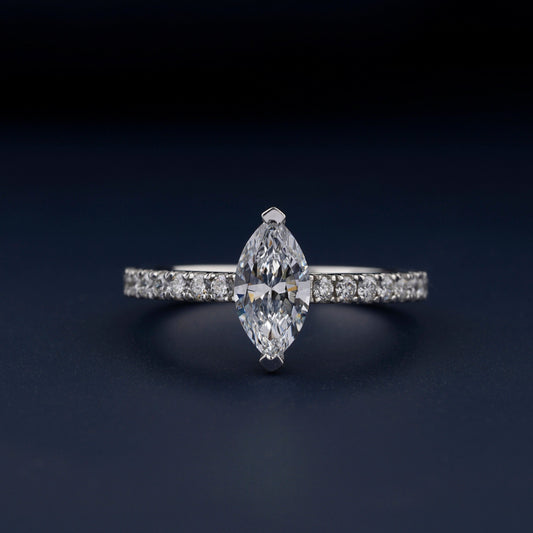 Marquise Lab Diamond Ring, Halo Pave Engagement Ring For Her