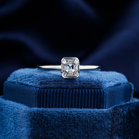 Asscher Lab Diamond Solitaire Ring, Bezel Set Engagement Ring