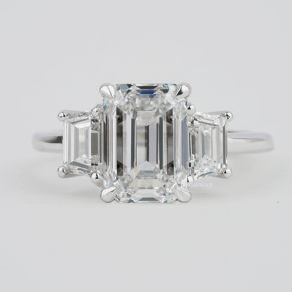 Emerald Lab Diamond Three Stone Ring with Trapezoid Sides