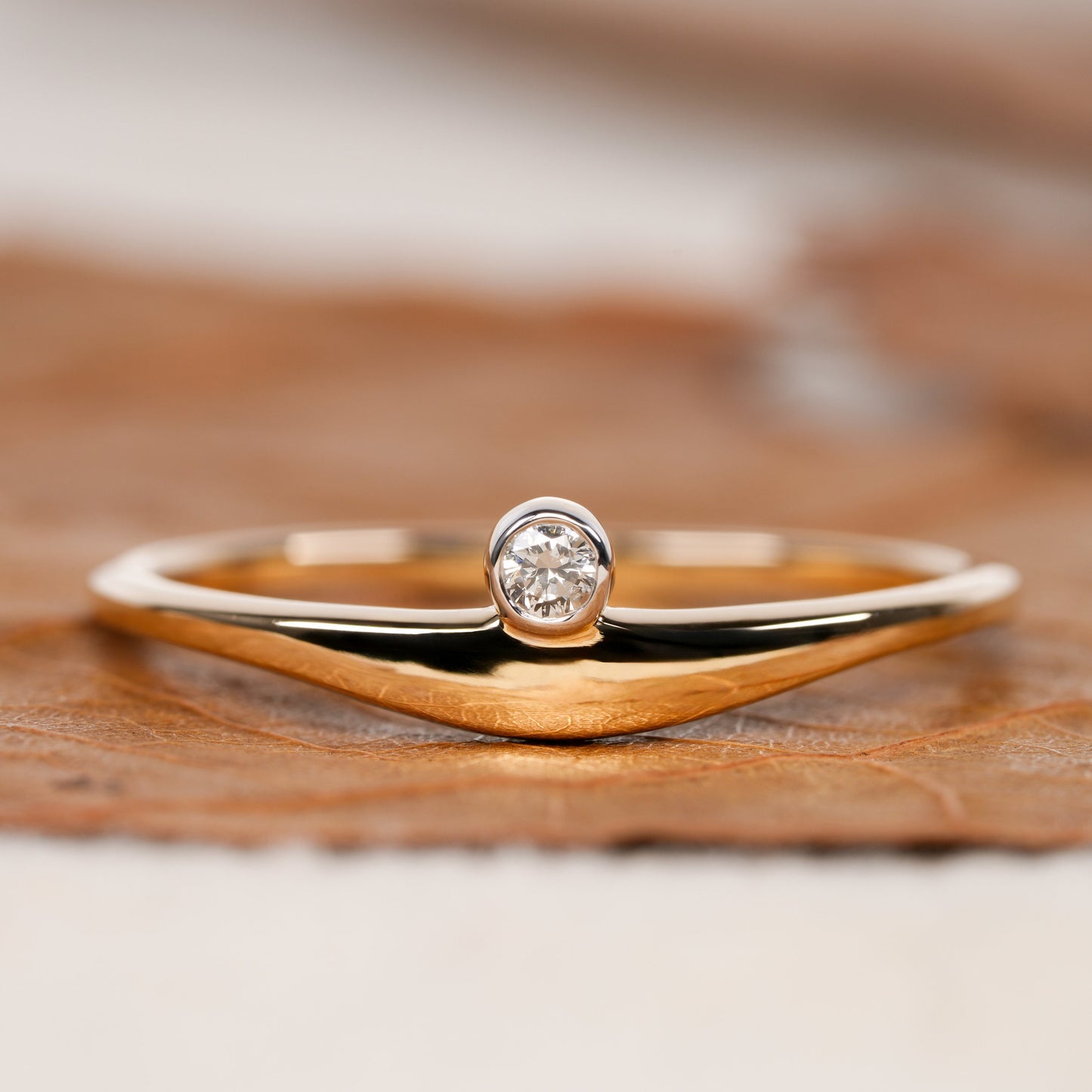 Lab Grown Diamond Curved Solitaire Ring 14K Gold Dainty Stackable Ring