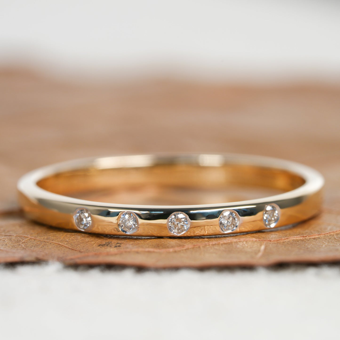 14K Gold 5 Stone Diamond Ring Dainty Stacking Band