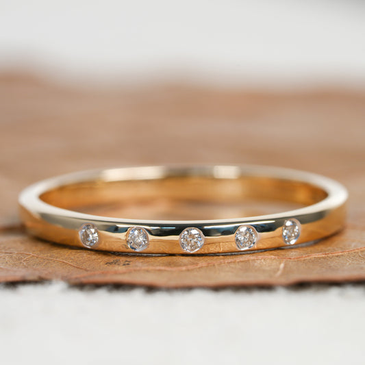 14K Gold 5 Stone Diamond Ring Dainty Stacking Band