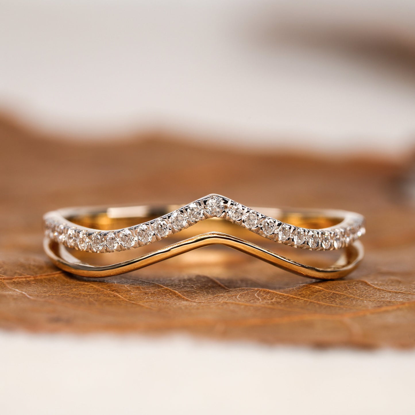 Lab Diamond V Shape Wedding Band 14K Gold, Pave Stacking Ring