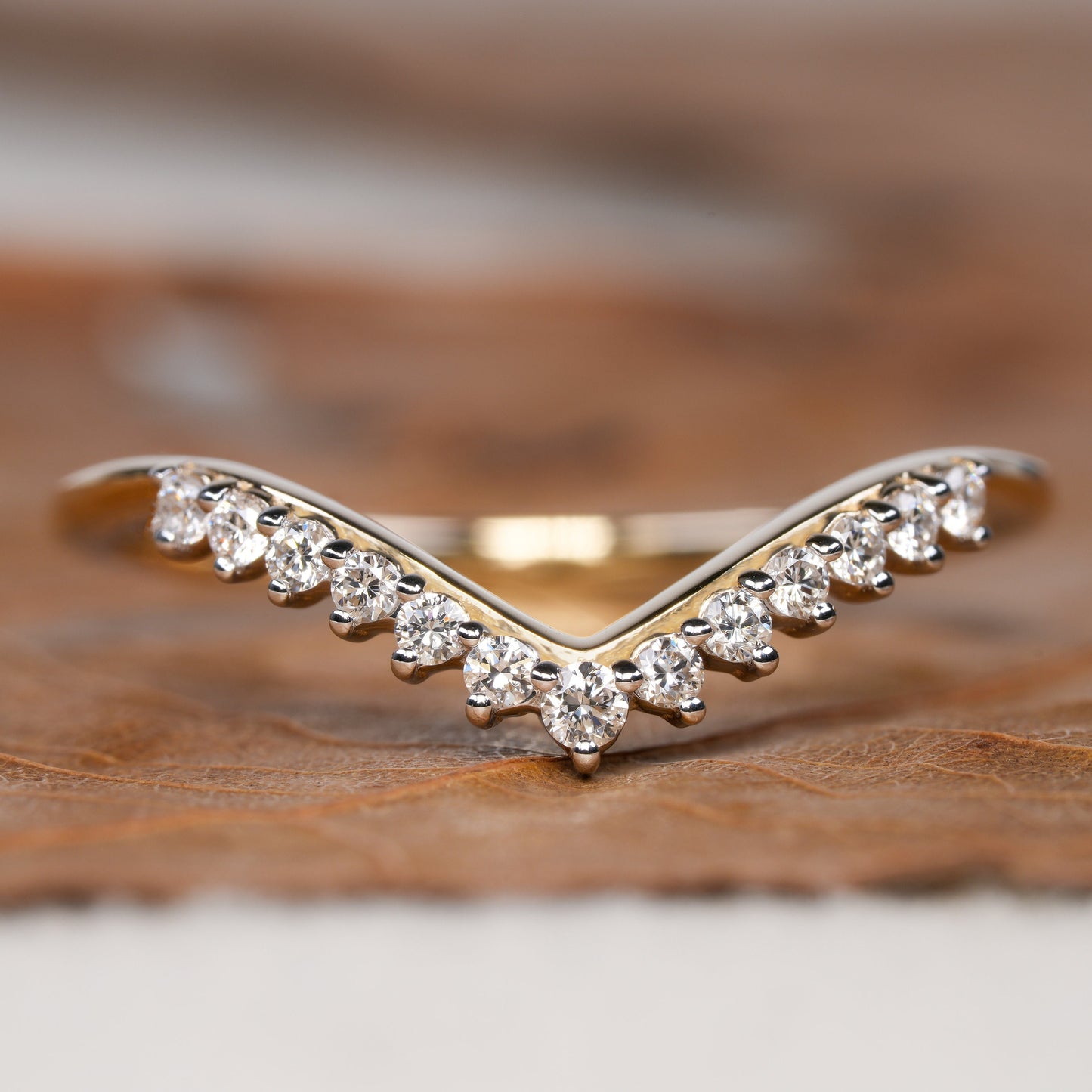 Lab Diamond Chevron Ring 14K Gold Curved Wedding Band