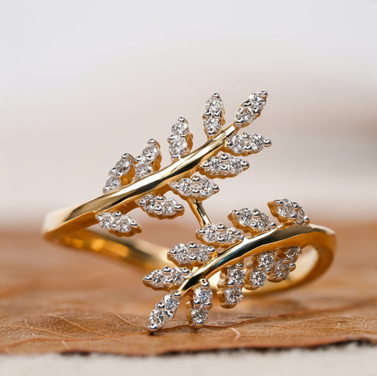 Nature Inspired Vine Ring for Women, Lab Diamond Leaf Ring