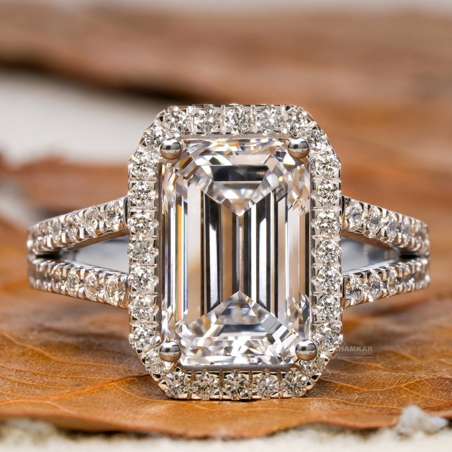 3.00CT Emerald Cut Lab Diamond Split Shank Halo Ring