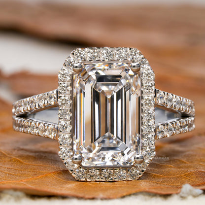 3.00CT Emerald Cut Lab Diamond Split Shank Halo Ring