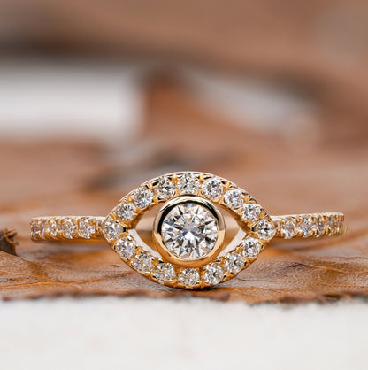 Evil Eye Lab Diamond Ring 14K Gold Dainty Protection Ring