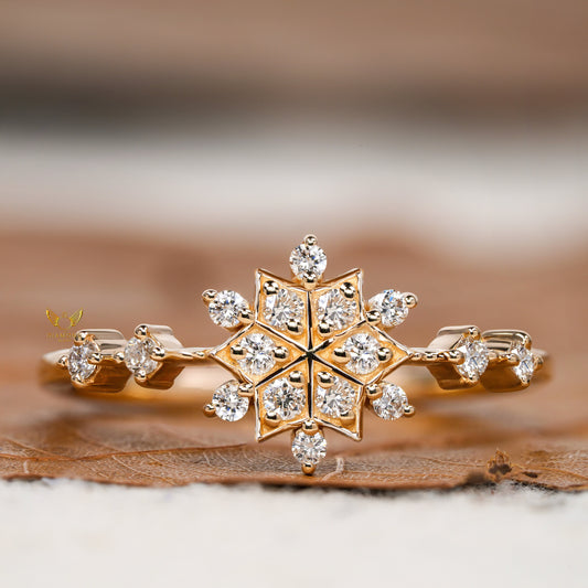 Lab Diamond Snowflake Ring 14K Gold, Minimal Cluster Ring