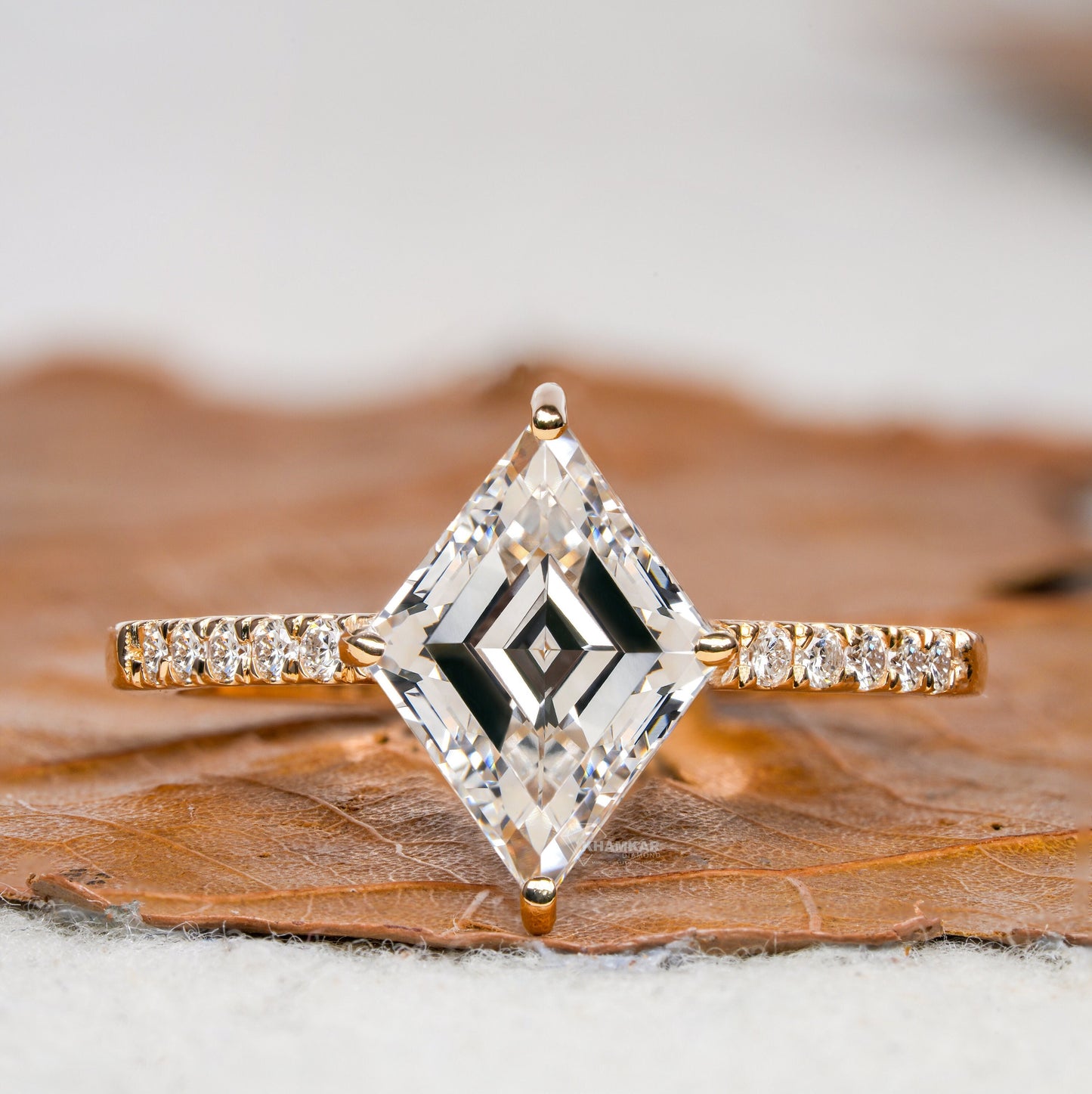 Lozenge Lab Diamond Engagement Ring, Pave Halo Ring