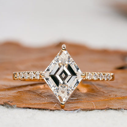 Lozenge Lab Diamond Engagement Ring, Pave Halo Ring