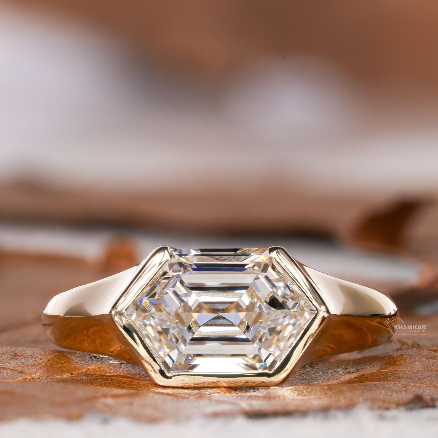 2.00CT Hexagon Lab Diamond Ring, East-West Bezel Solitaire Ring