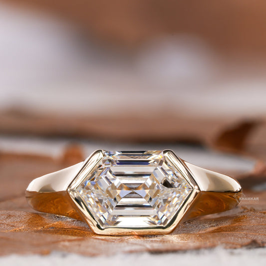 2.00CT Hexagon Lab Diamond Ring, East-West Bezel Solitaire Ring