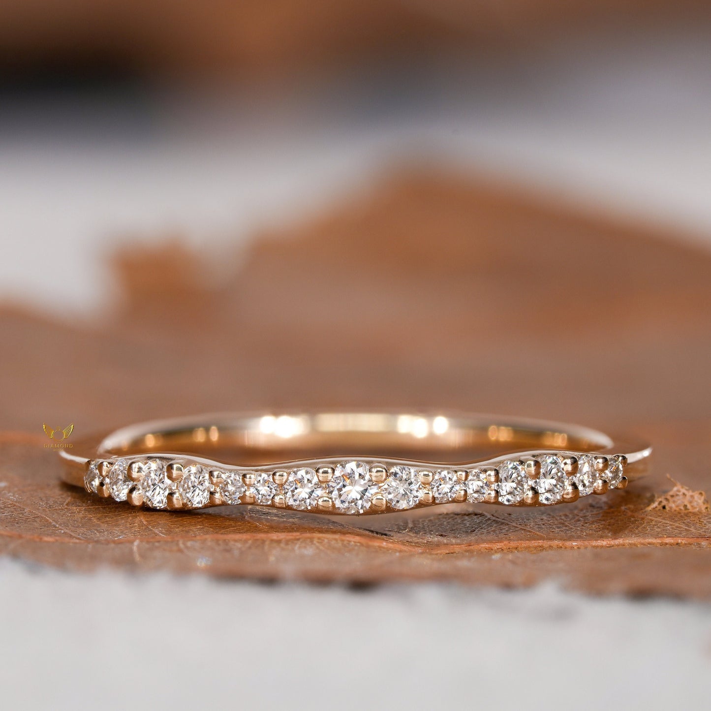 Lab Diamond Wedding Ring, 14K Gold Wavy Band, Dainty Ring