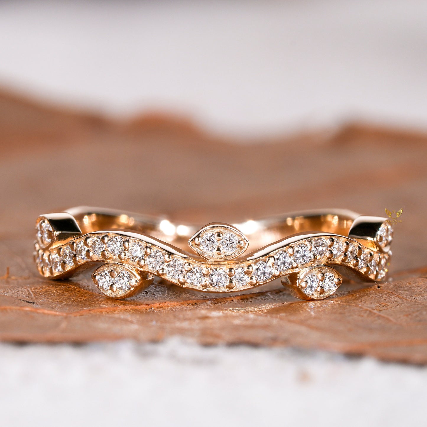 Lab Diamond Leaf Ring – Half Eternity Nature Inspired Wedding Band