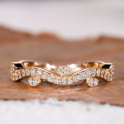 Lab Diamond Leaf Ring – Half Eternity Nature Inspired Wedding Band