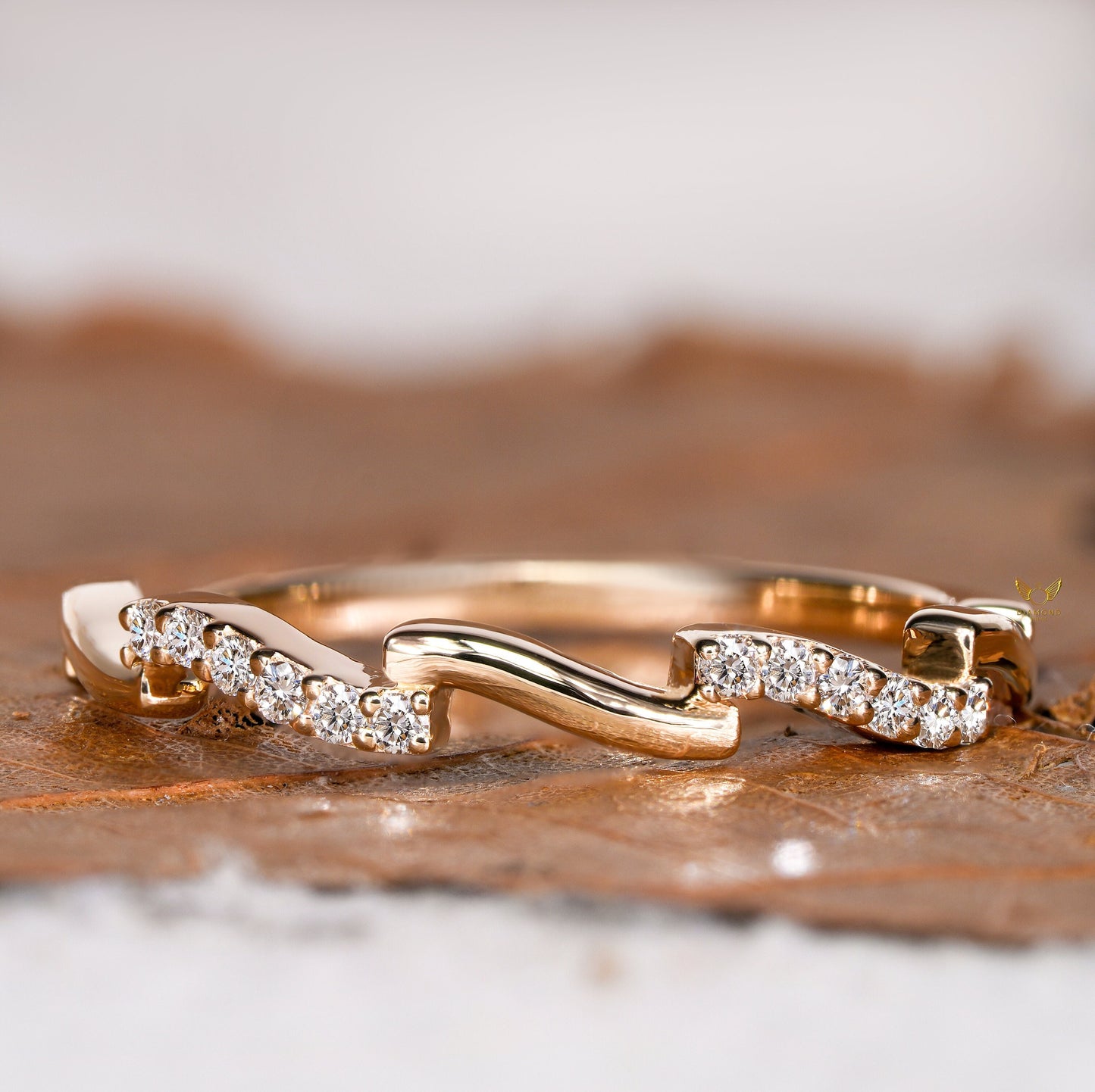 14K Gold Pave Lab Diamond Wavy Zigzag Stacking Ring