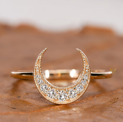 Lab Diamond Crescent Moon Ring | 14K Gold Dainty Stacking Ring
